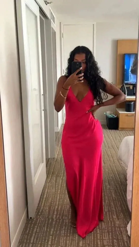 Elegant Formal Women's Dresses Hot Pink Formal Party Dress V Neck Sheath Long Prom Dress