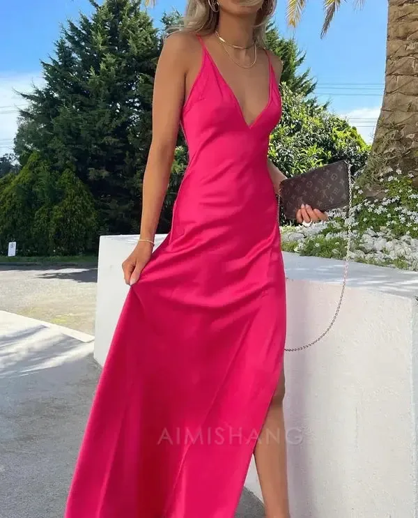 Elegant Formal Women's Dresses Hot Pink Formal Party Dress V Neck Sheath Long Prom Dress