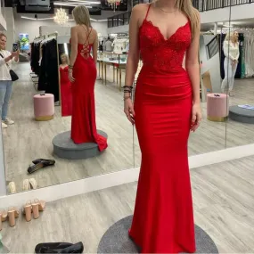 Elegant Formal Women's Dresses Red V Neck Long Prom Dresses Mermaid Evening Gown