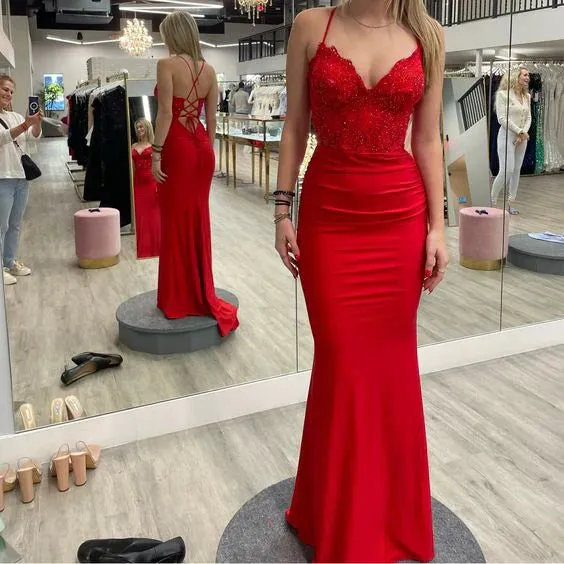Elegant Formal Women's Dresses Red V Neck Long Prom Dresses Mermaid Evening Gown