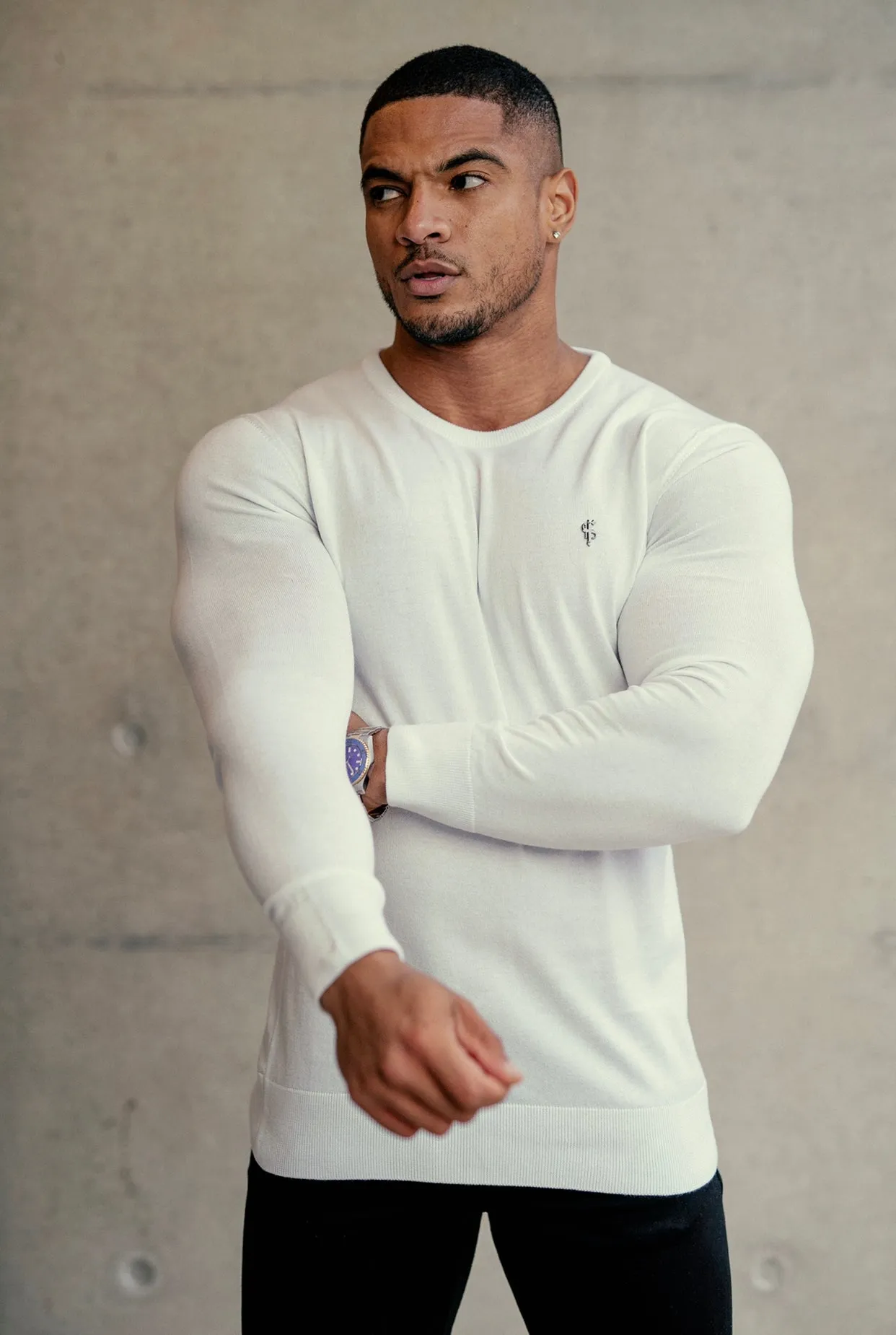 Father Sons Classic White Crew Neck Knitted Sweater with Gunmetal Emblem - FSH670