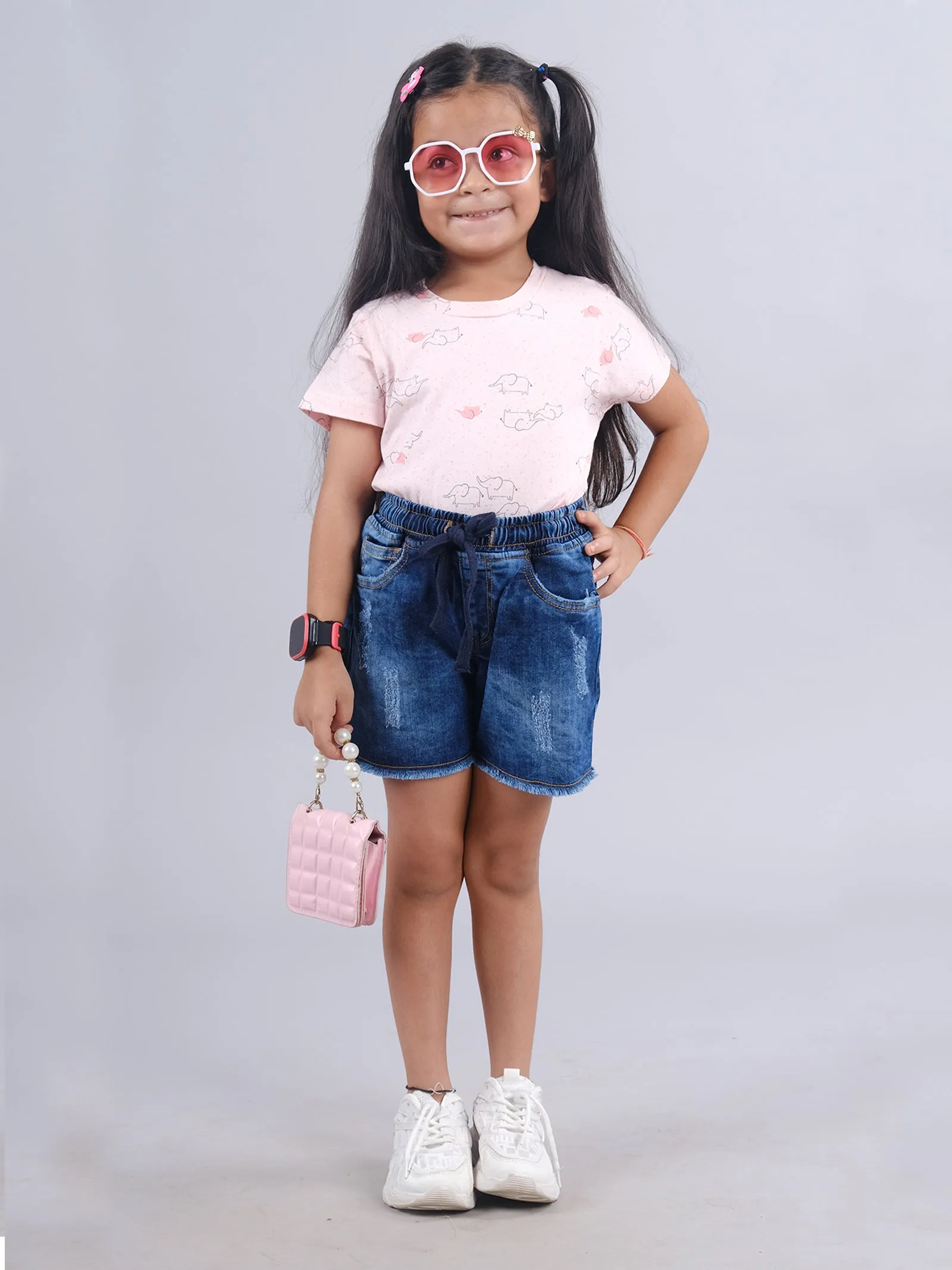 Girls Half Sleeve AOP Tee & Denim Hot Shorts Set