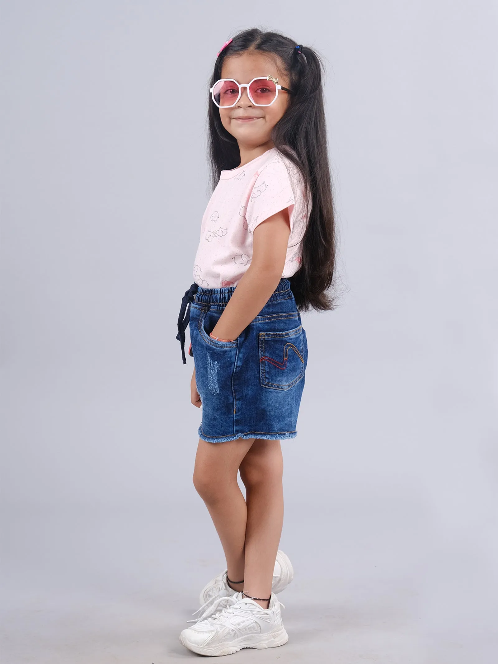 Girls Half Sleeve AOP Tee & Denim Hot Shorts Set