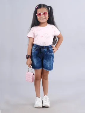 Girls Half Sleeve AOP Tee & Denim Hot Shorts Set