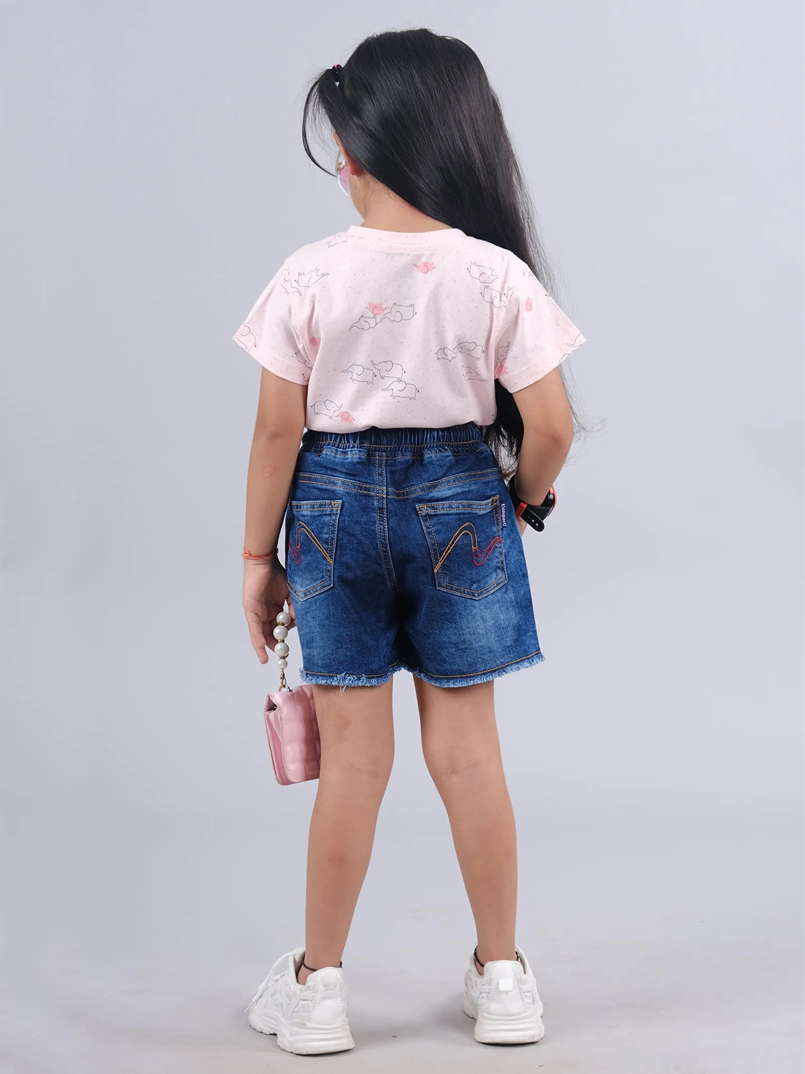 Girls Half Sleeve AOP Tee & Denim Hot Shorts Set