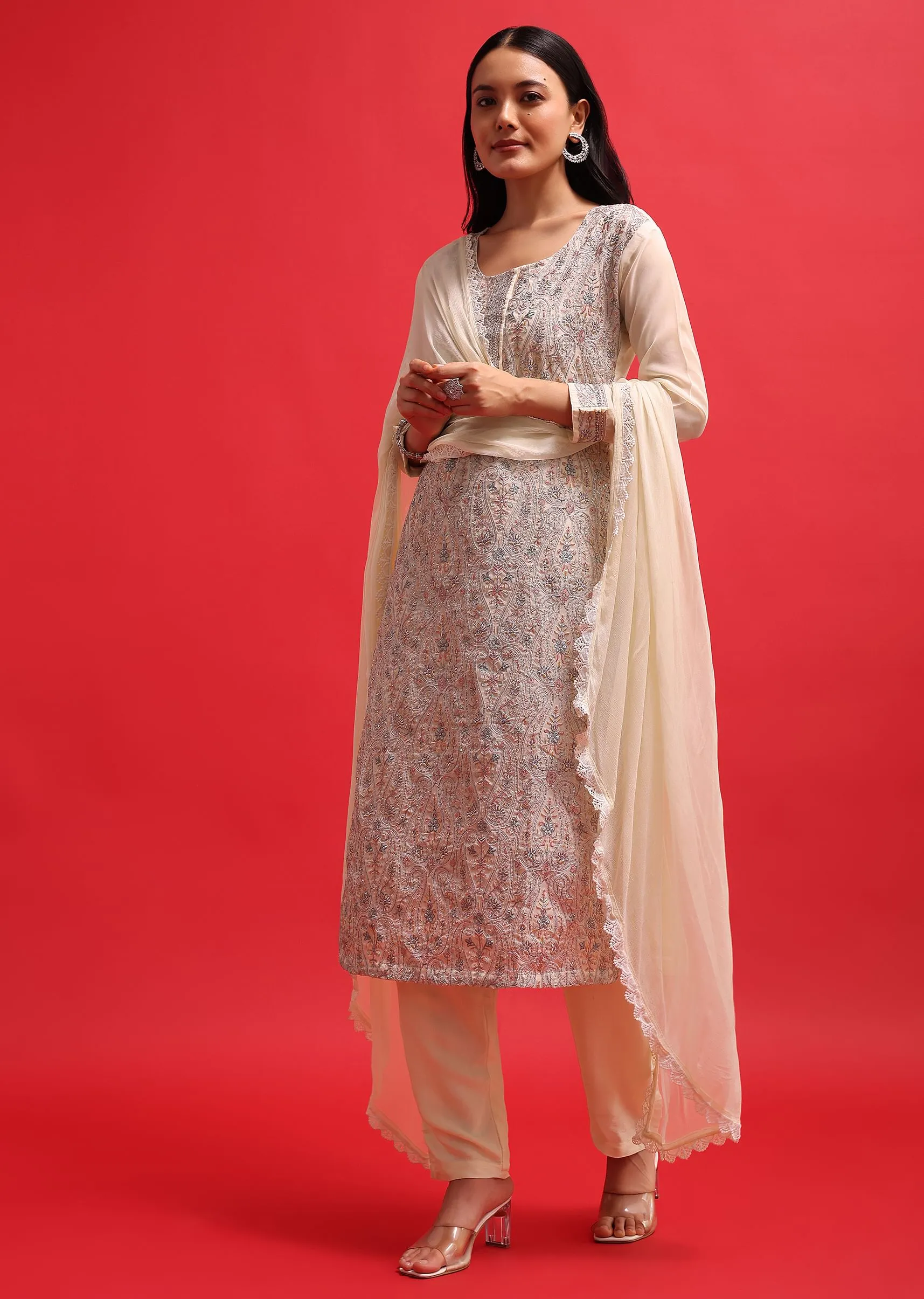 Ivory Organza Kurta Pant Set With Resham Work