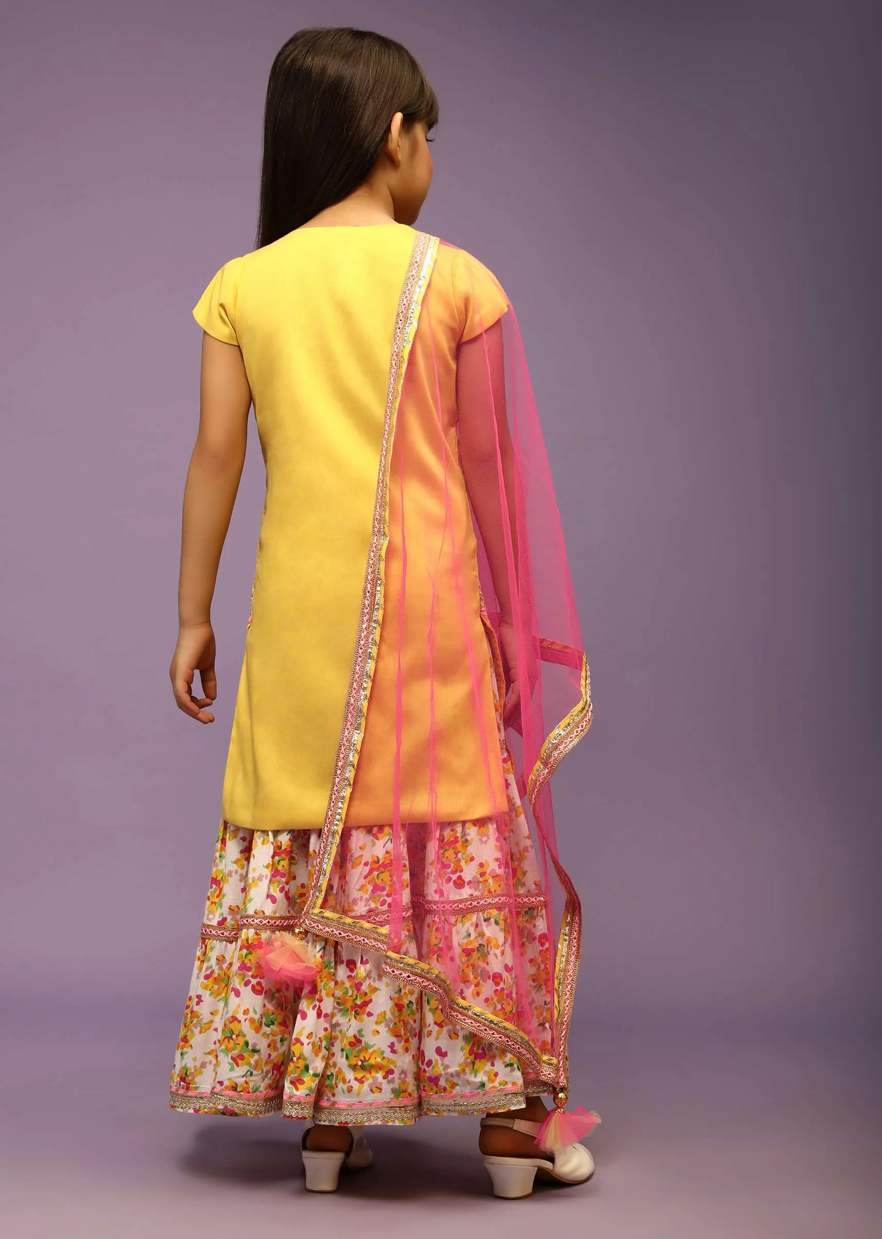 Kalki Girls Lemon Yellow Sharara Suit In Cotton With Floral Print