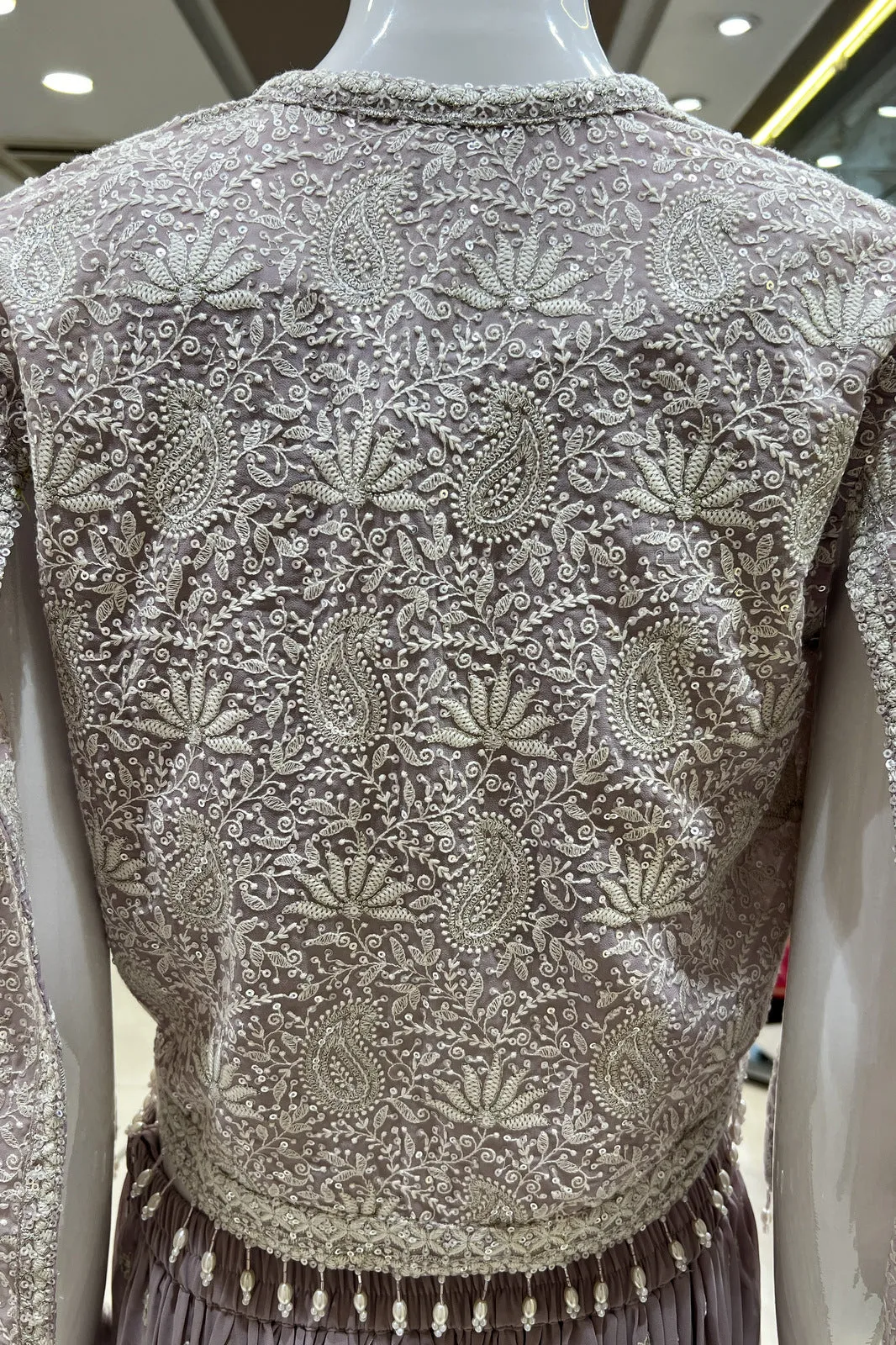 Lilac Chickankari and Sequins work Crop Top with Overcoat Styled Palazzo Suit Set