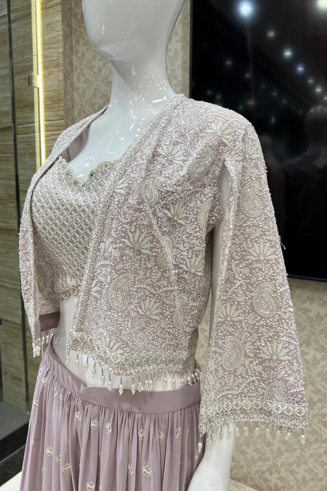 Lilac Chickankari and Sequins work Crop Top with Overcoat Styled Palazzo Suit Set