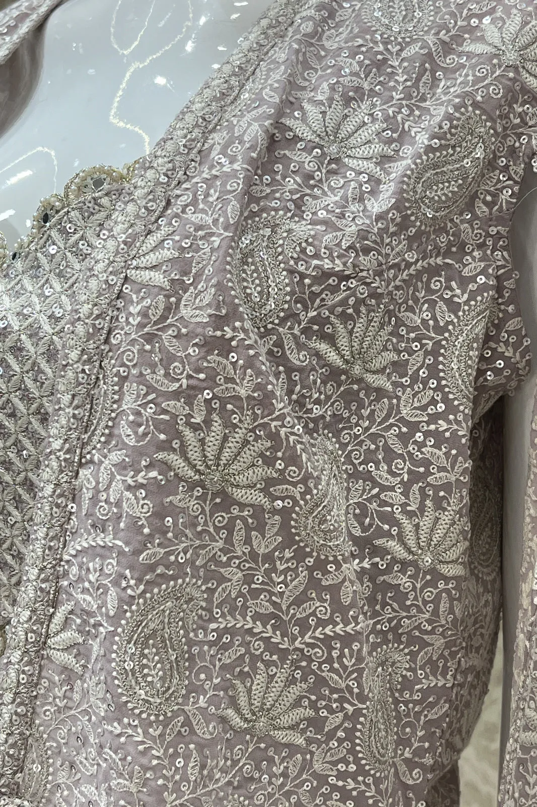 Lilac Chickankari and Sequins work Crop Top with Overcoat Styled Palazzo Suit Set