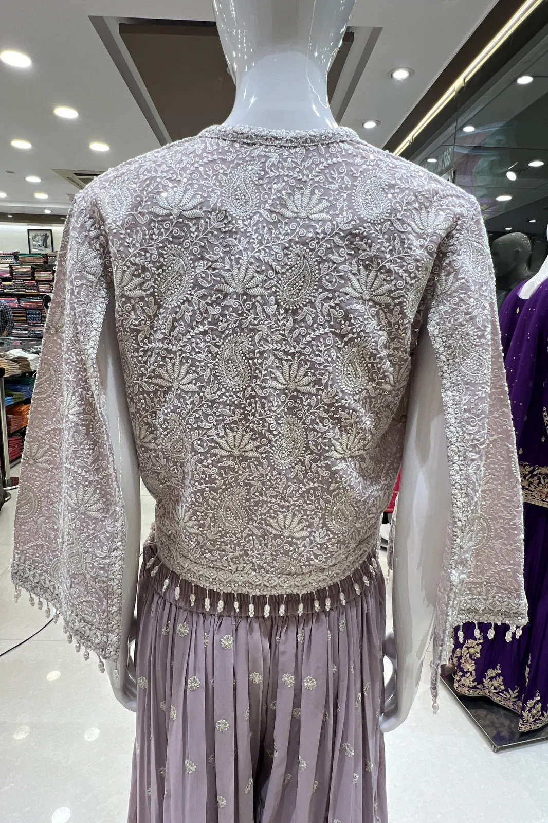 Lilac Chickankari and Sequins work Crop Top with Overcoat Styled Palazzo Suit Set