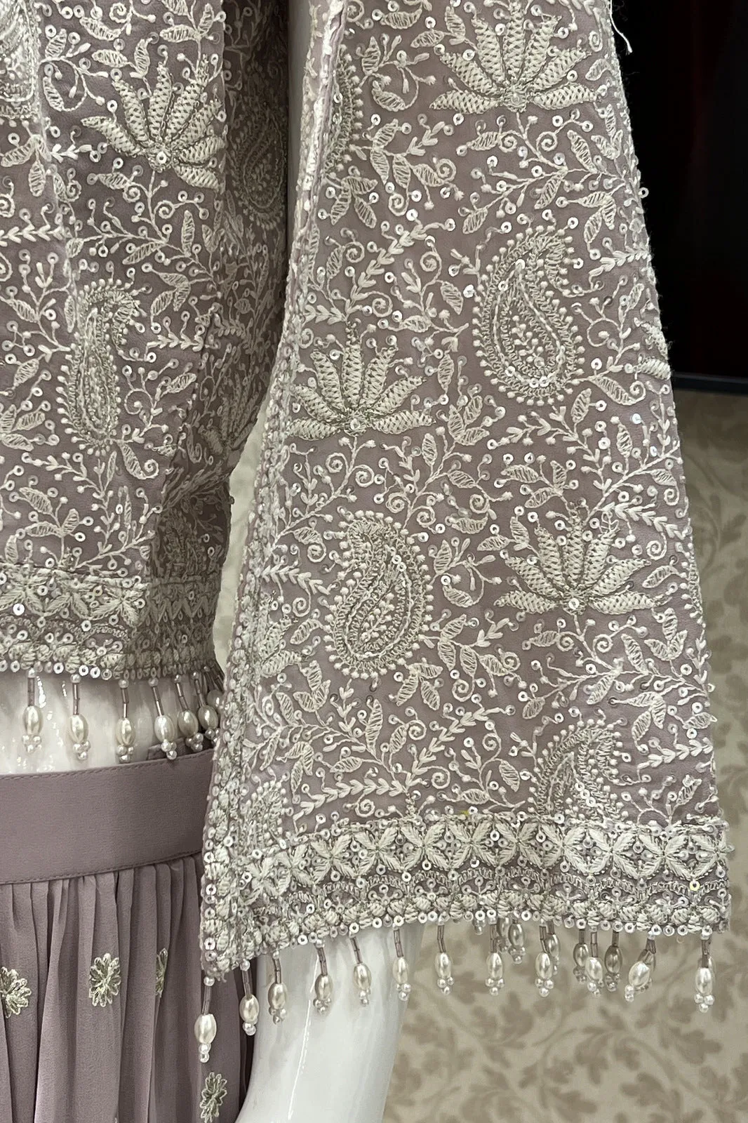 Lilac Chickankari and Sequins work Crop Top with Overcoat Styled Palazzo Suit Set