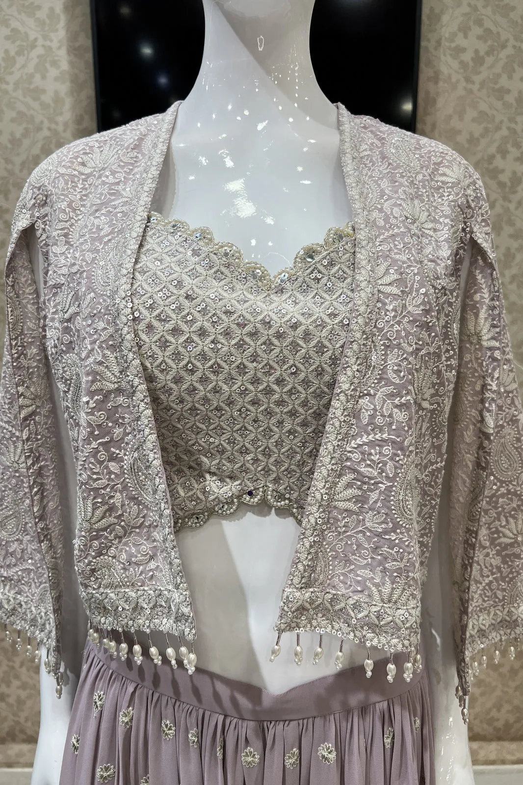 Lilac Chickankari and Sequins work Crop Top with Overcoat Styled Palazzo Suit Set