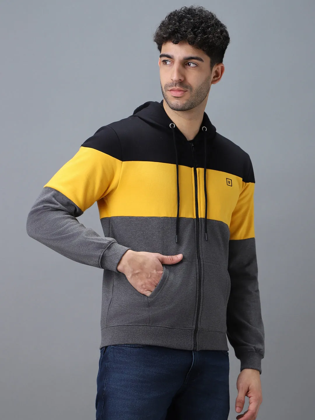 Men's Black, Yellow, Charcoal Color Block Cotton Zippered Hooded Sweatshirt