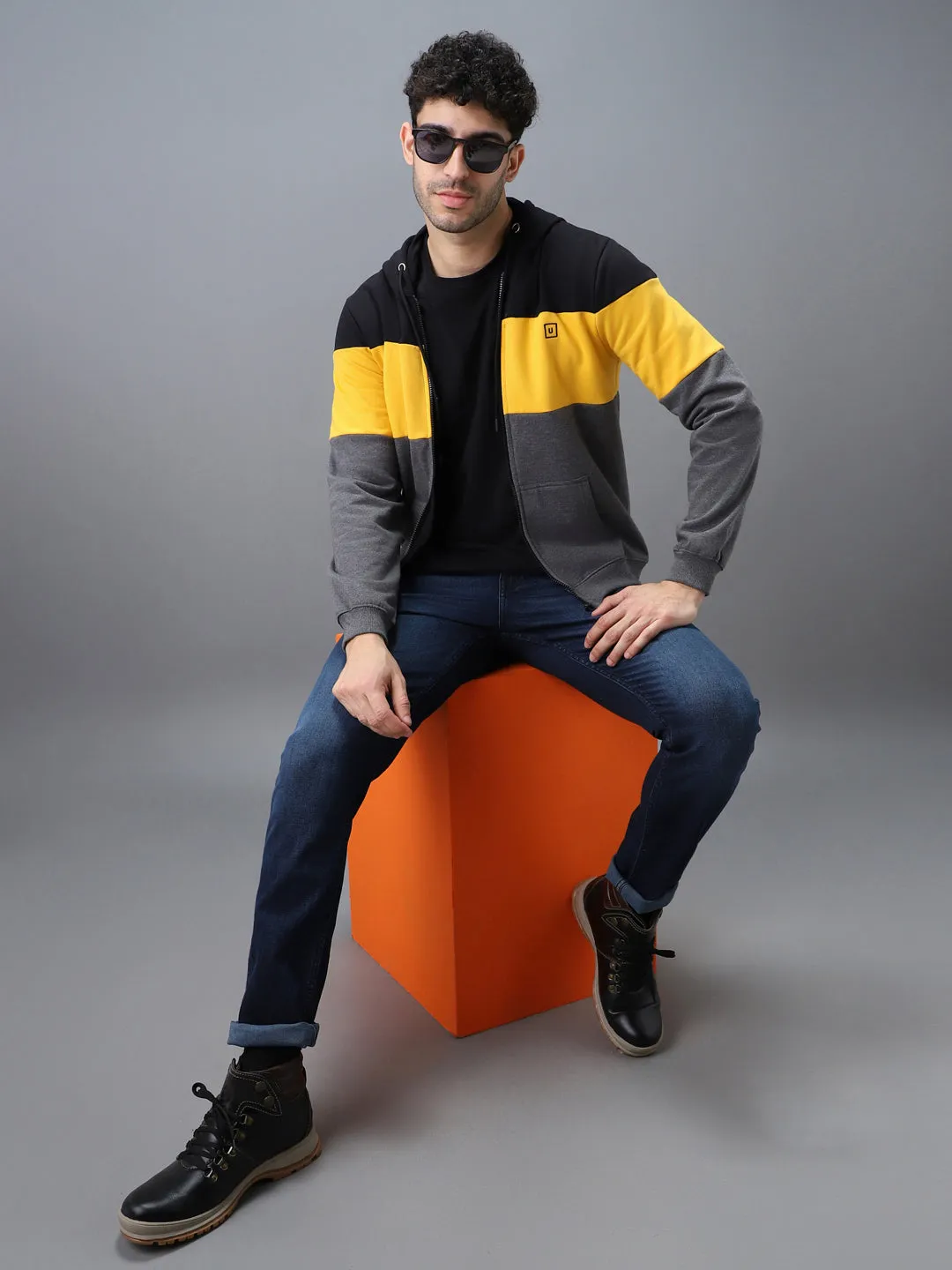 Men's Black, Yellow, Charcoal Color Block Cotton Zippered Hooded Sweatshirt