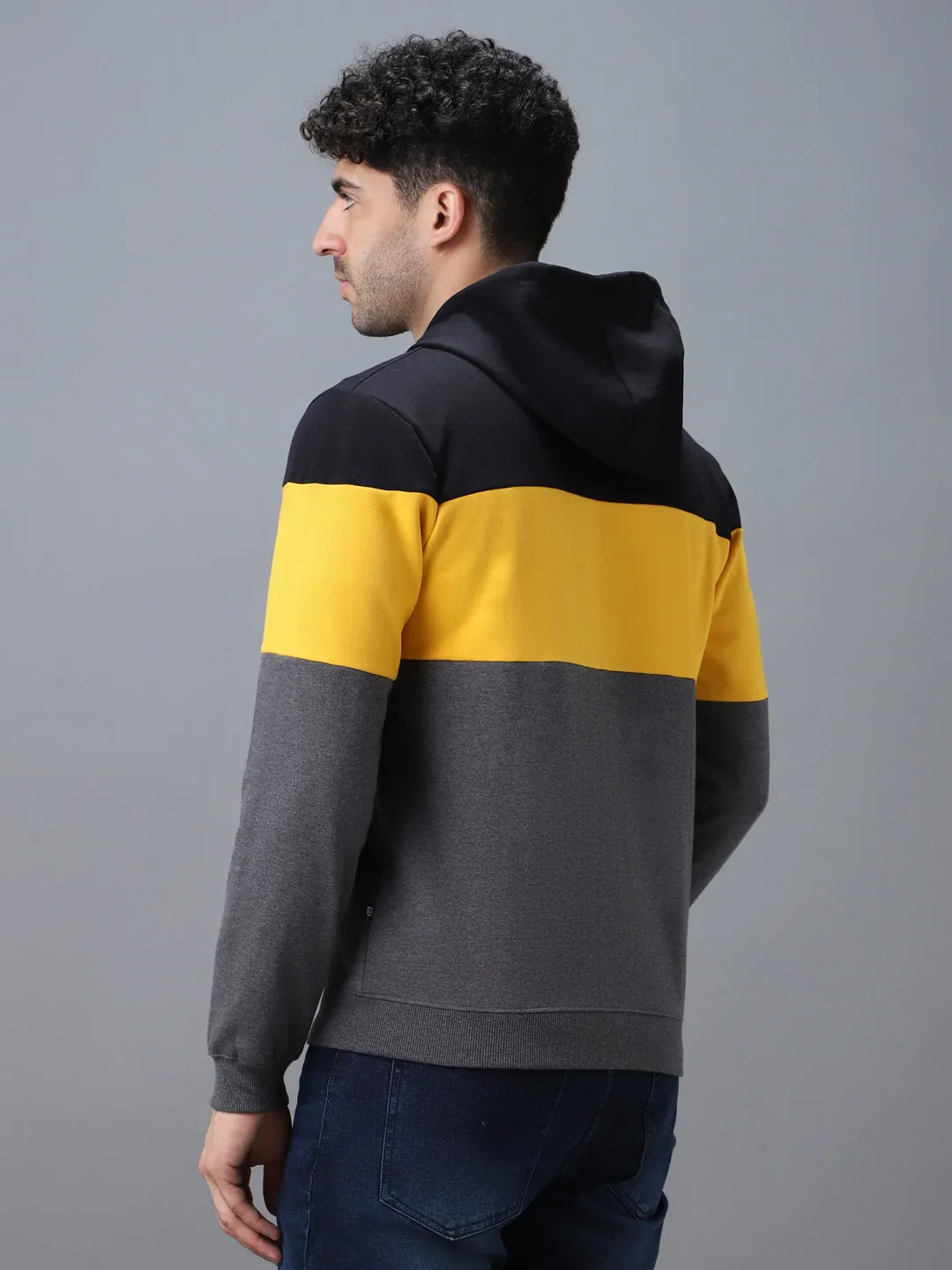 Men's Black, Yellow, Charcoal Color Block Cotton Zippered Hooded Sweatshirt