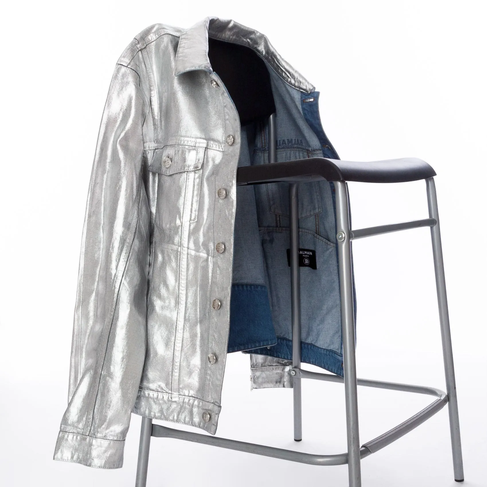 Silver-tone Metallic Finish Logo-Embossed Denim Jacket