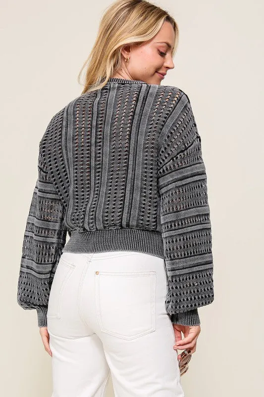 Stylish Acid Wash Round Neck Long Sleeve Fashion Top Sweater