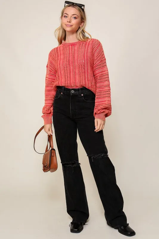 Stylish Acid Wash Round Neck Long Sleeve Fashion Top Sweater