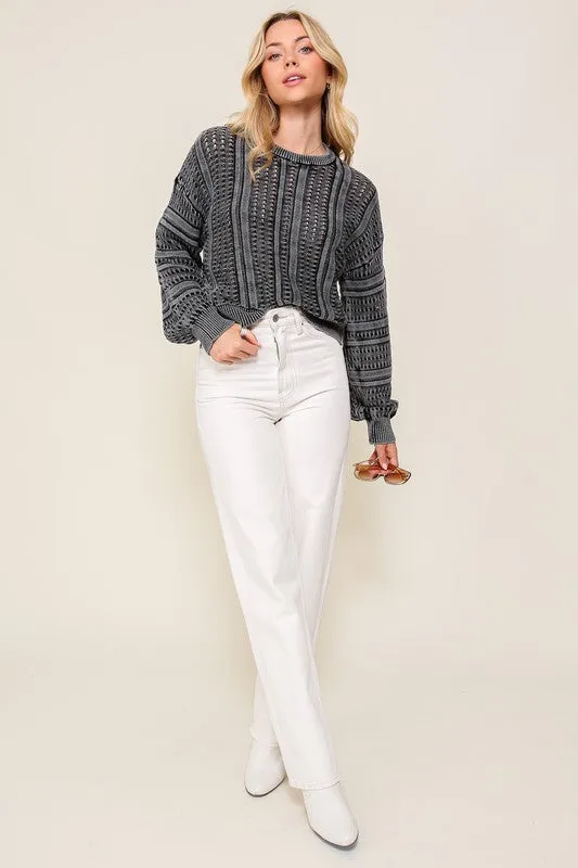 Stylish Acid Wash Round Neck Long Sleeve Fashion Top Sweater