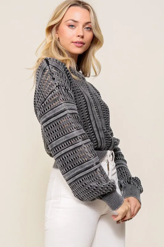 Stylish Acid Wash Round Neck Long Sleeve Fashion Top Sweater