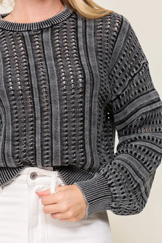 Stylish Acid Wash Round Neck Long Sleeve Fashion Top Sweater