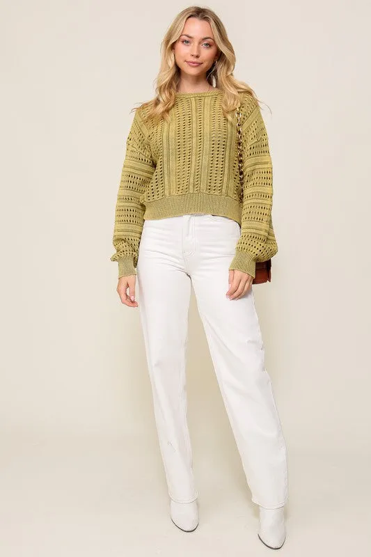 Stylish Acid Wash Round Neck Long Sleeve Fashion Top Sweater