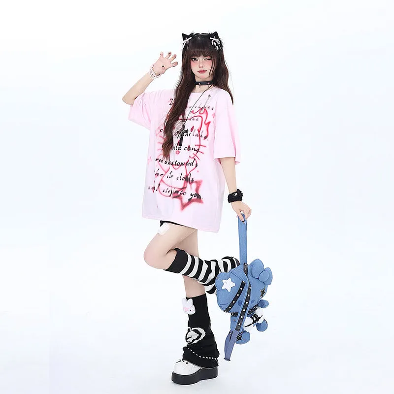 Summer Dopamine Style Pink Hello Kitty Printed T-shirt