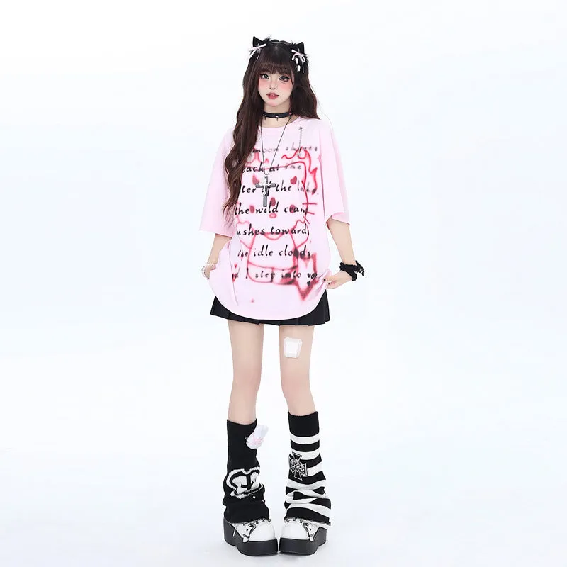 Summer Dopamine Style Pink Hello Kitty Printed T-shirt