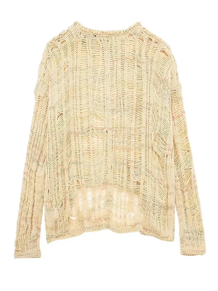 TAVIMART  -  Women Hollow Out O-neck Knitted Jumpers Casual Loose Cut Out Long Sleeve Pullovers 2024 New Autumn Female High Street Sweaters