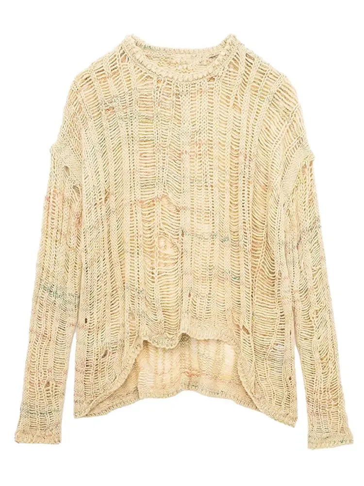 TAVIMART  -  Women Hollow Out O-neck Knitted Jumpers Casual Loose Cut Out Long Sleeve Pullovers 2024 New Autumn Female High Street Sweaters