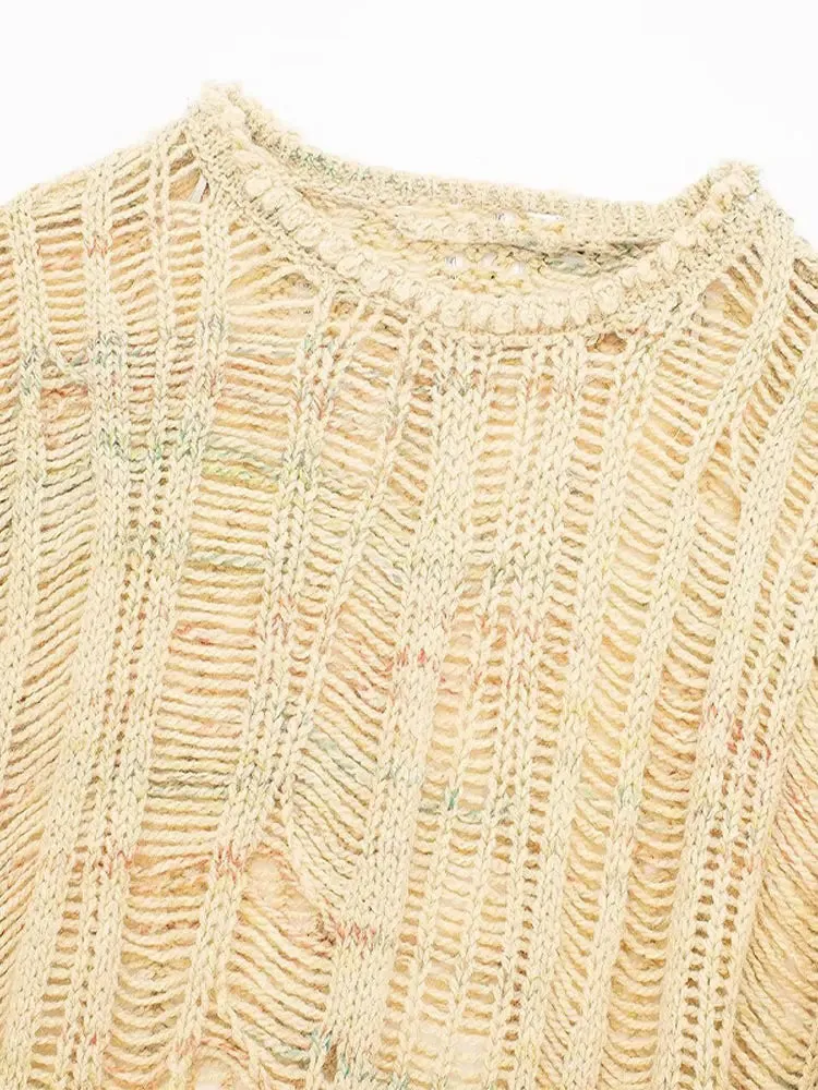 TAVIMART  -  Women Hollow Out O-neck Knitted Jumpers Casual Loose Cut Out Long Sleeve Pullovers 2024 New Autumn Female High Street Sweaters
