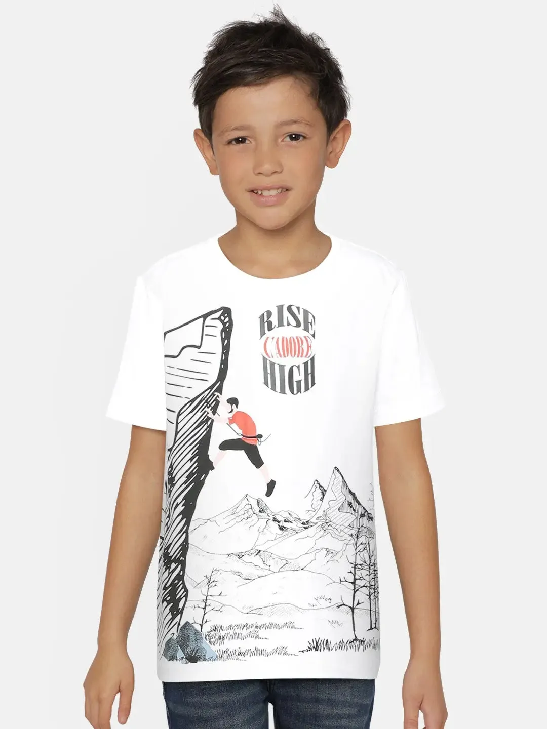 White Rise High Printed Round Neck Cotton T-shirt